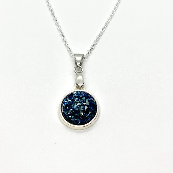 925 Navy Blue Mineral Crystal Pendant Necklace - Picture 2 of 4